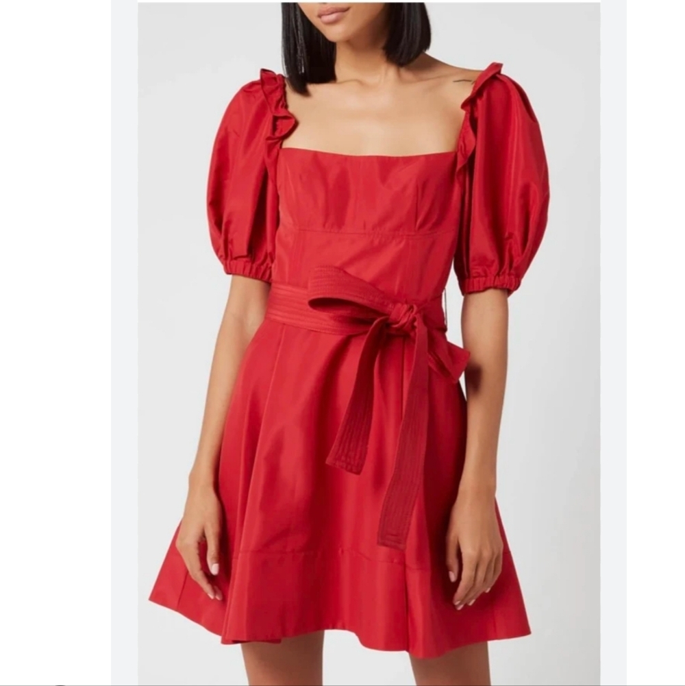 Self Portrait Red Taffeta Mini Dress Belted Puff Sleeve Size 2